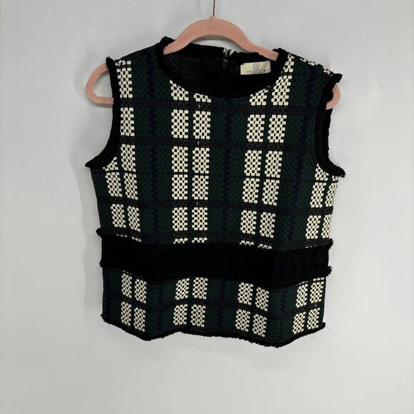 Cubic Donna Womens green black New sleeveless structured tweed sheer top Large - Picture 1 of 8